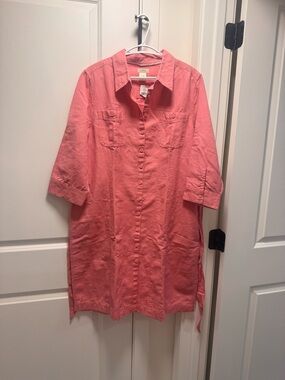 L.L. Bean Coral Button-Front Linen Shirt Dress